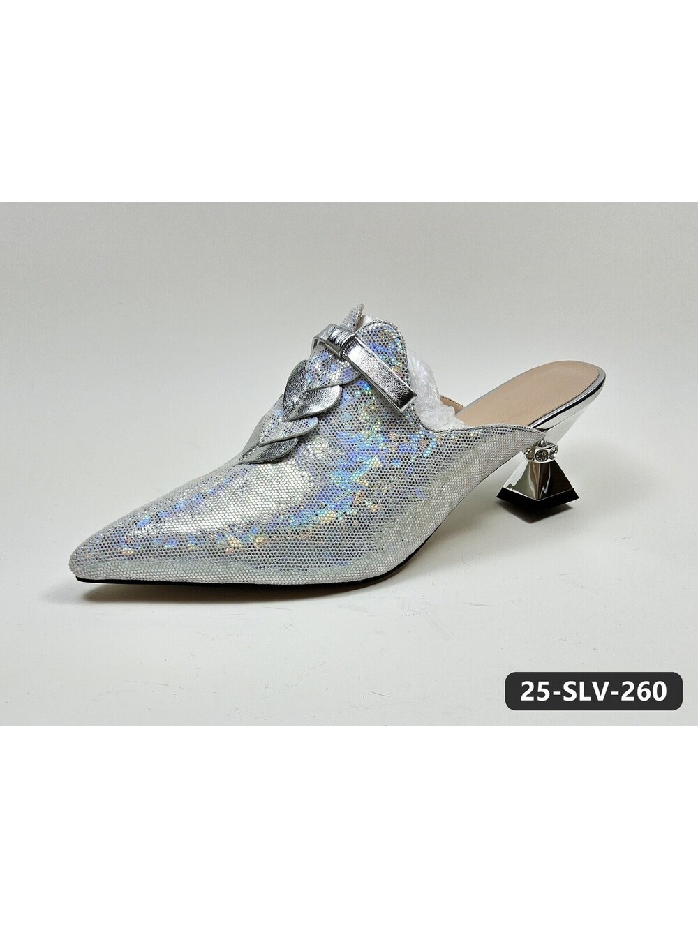 Women's Silver Holographic Pointed-Toe Mules with Bow Detail